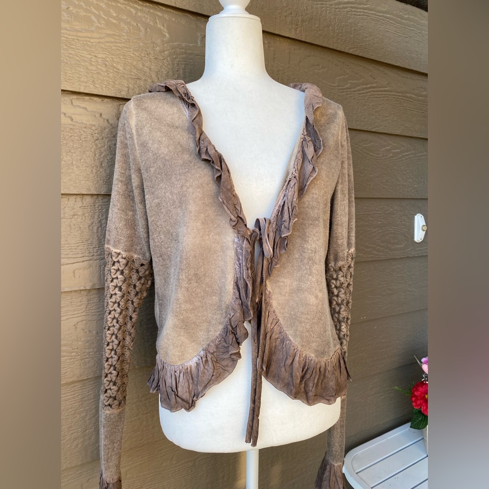 Urman Mango womens boho sweater cardigan ruffle detail, size M